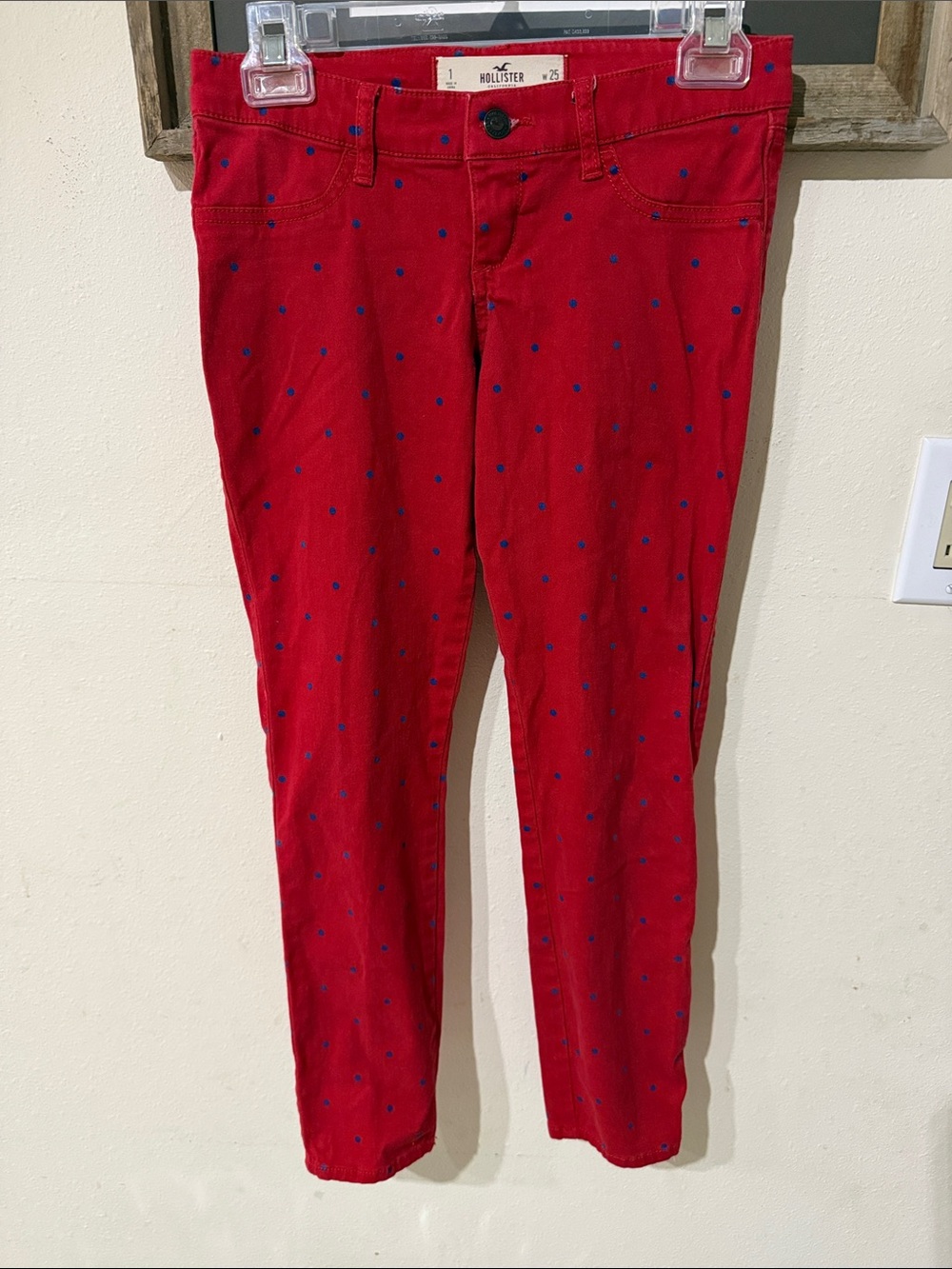 Hollister Women's Red Skinny Jeans with Blue Polka Dots